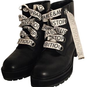 Zara Black Platform Lace-Up Boots with Cream Branded Ribbon Laces